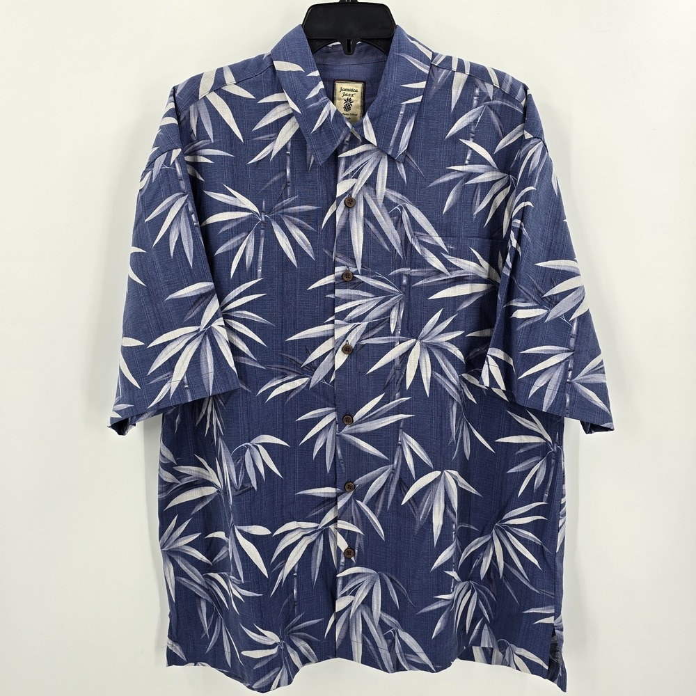 Jamaica Jaxx Shirt Mens XL 100% Silk Blue White Hawaiian Button Down Tropical